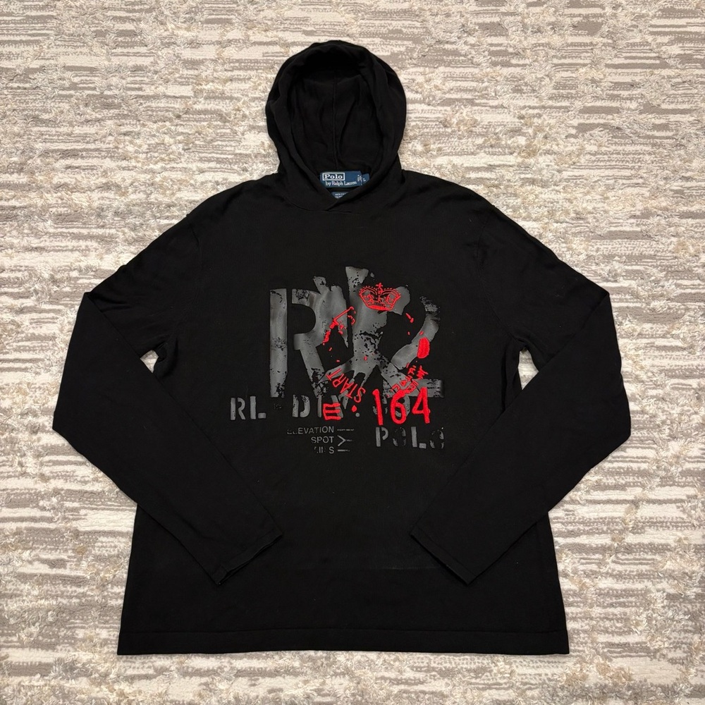 Vintage Polo Ralph Lauren Hoodie Women’s Large Embroidered Crest Big Print Black
